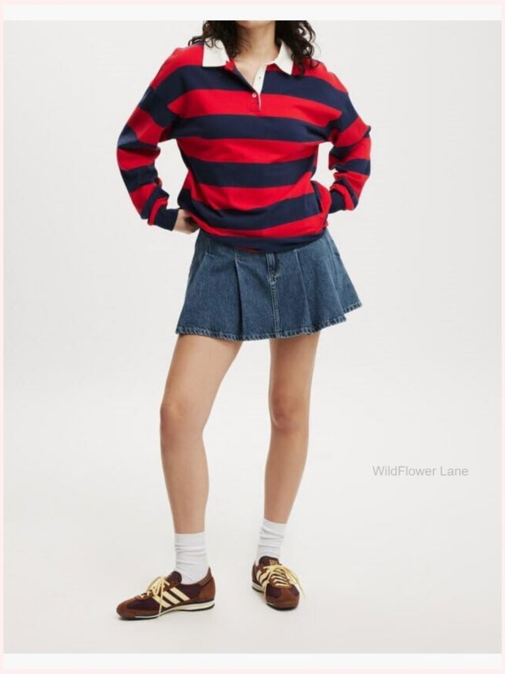 Oversized Striped Polo Shirt Long Sleeve Casual Rugby Sweatshirt Y2K Top - Picture 4 of 7